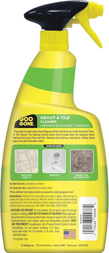 Goo Gone Grout and Tile Cleaner - 28 Ounce - Removes Tough Stains Dirt Caused by Mold Mildew Soap Scum and Hard Water Staining - Safe on Tile Ceramic Porcelain pack of 2