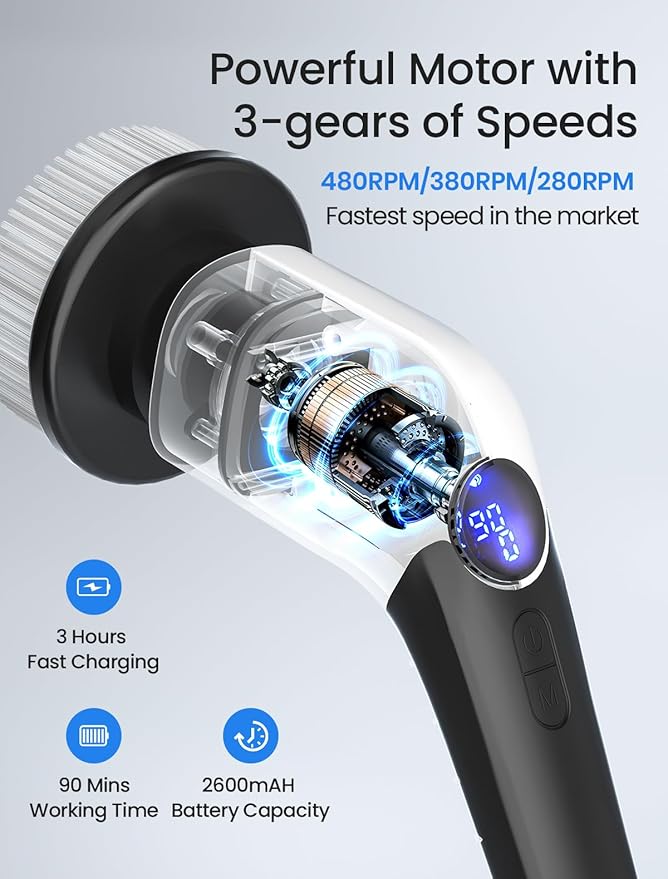 Electric Spin Scrubber 2025 New Cordless Shower Cleaning Brush with 8 Replaceable Brush Heads 3 Adjustable Speeds and Adjustable Extension Handle for Bathroom Floor Tile