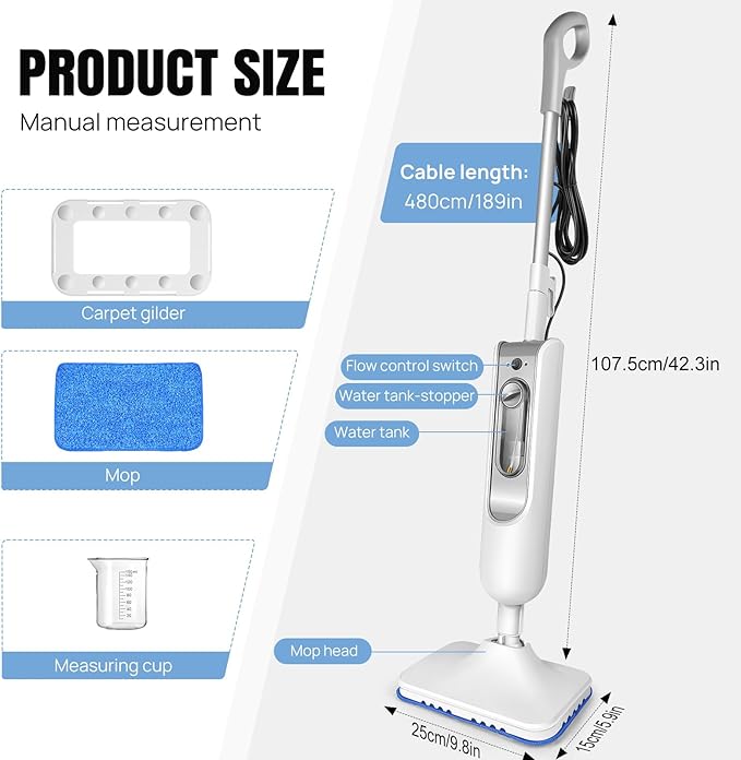 Steam Mop with Detachable Handheld Steamer for Walls Grouts Hard Floors Tiles includes Multi-purpose Accessories and Washable Microfiber Pads