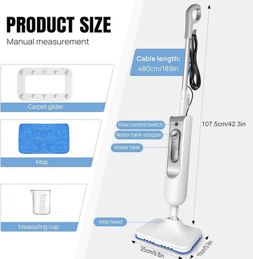 1500W Steam Mop Cleaner with 400ml Large Water Tank 2 Washable Pads 15.8ft Long Cord 2 Steam Modes Floor/Carpet Steam Mop for Home Office