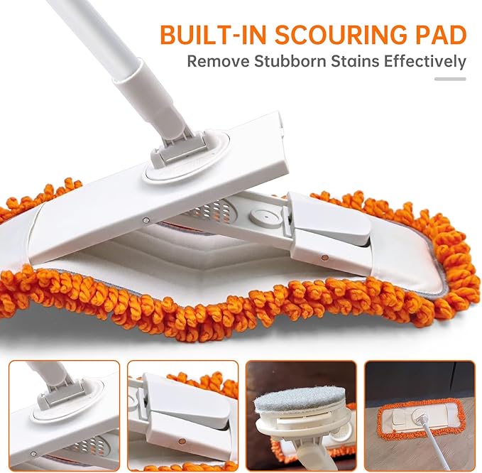Dust Mop with Washable Microfiber Pad - Dry &amp Wet Floor Mop Featuring Built-in Scouring Pad for Hardwood Laminate Tile Marble