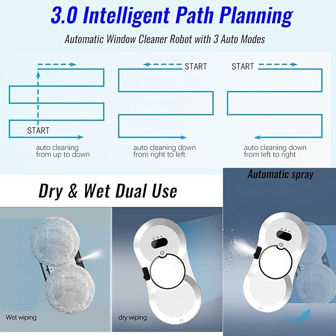 Window Cleaning Robot Automatic Window Cleaner with Water Spray for Windows/Tiles/Class Door 5600Pa Suction Power AI Path Planning Remote Control
