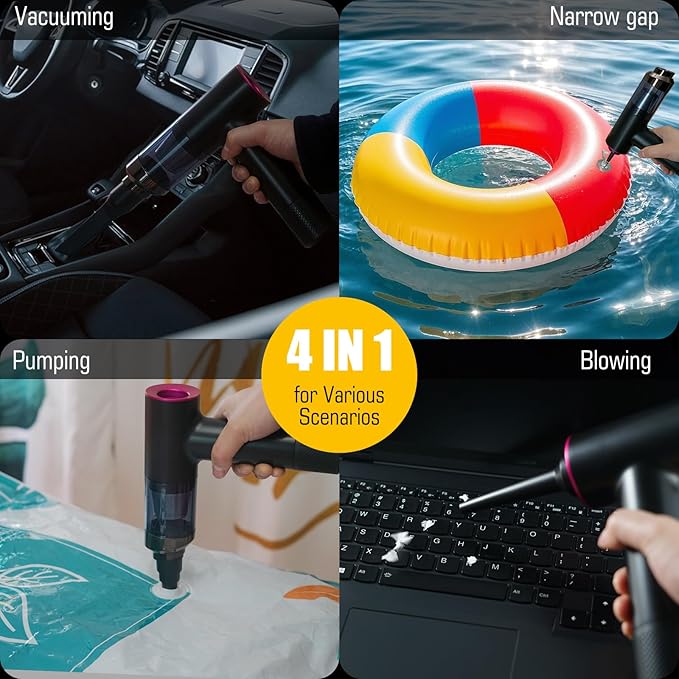Handheld Car Vacuum Portable Cordless - Mini Portable | Dual Suction (7500pa &amp 12000pa) | 4-in-1 Vacuum Cleaner Blower Inflator Deflator &amp Air Duster for Car Home Kitchen Pet Hair Offi
