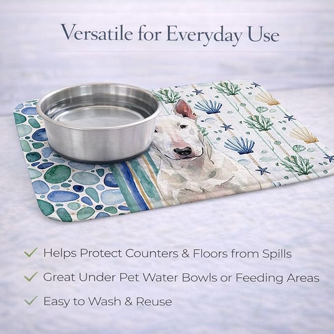 Caroline's Treasures White Bull Terrier Coastal Sea Glass Dish Drying Mat Absorbent Dish Drying Mat Pad for Kitchen Counter Dish Drainer Mat for Countertop 14 x 21 Multicolor