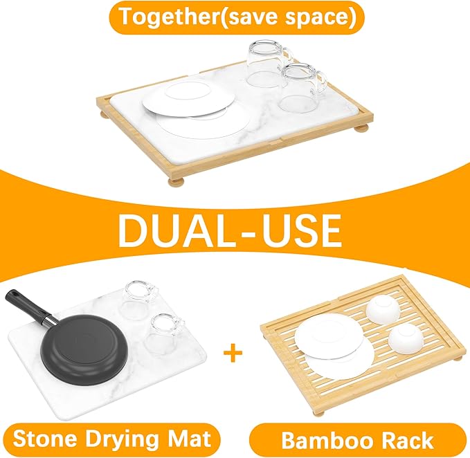 Golener Stone Drying Mat for Kitchen Counter Dish Drying Pad with Bamboo Rack Super Absorbent Diatomaceous Earth and Drying Rack Multi-purpose Quick Drying Mat Rack for Kitchen16”x12”Marble White
