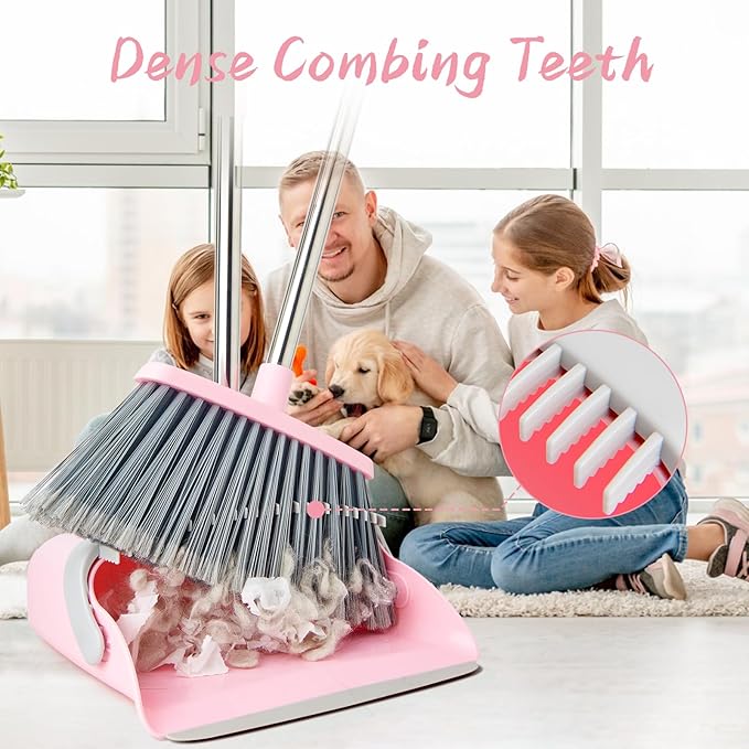 Broom and Dustpan Combo Set Long Handle and Standing Dust Pan with Comb Teeth Efficient Floor Cleaning for Kitchen Outdoor Dorm Apartment Office Lobby (Pink Gray)