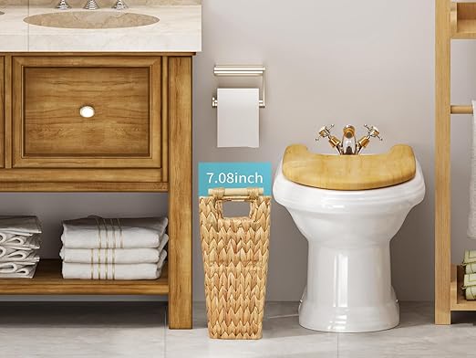 6 Gallon Wicker Trash Can with Wooden HandleWicker Waste Basket for BathroomBedroomLarge Narrow Water Hyacinth Trash BasketRattan Boho Decor Farmhouse Bathroom Trash Can