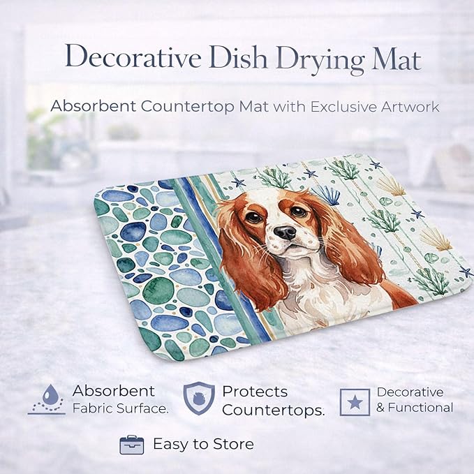 Caroline's Treasures Blenheim English Toy Spaniel Coastal Sea Glass Dish Drying Mat Absorbent Dish Drying Mat Pad for Kitchen Counter Dish Drainer Mat for Countertop 14 x 21 Multicolor