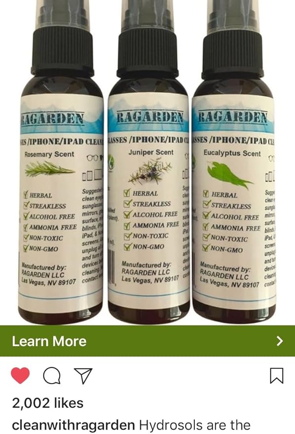 RAGARDEN Eyeglasses/iPhone/iPad Cleaner. Eucalyptus Floral Water. Bulk Quantity (3) of 2 oz Spray Bottles.