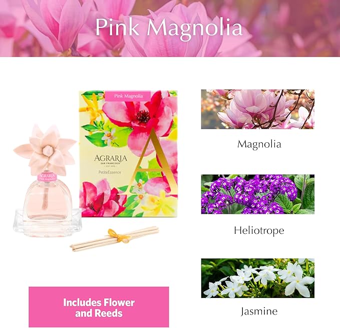 Agraria PetiteEssence 1.7oz Flower and Reed Diffuser Set Hand Crafted Sola Flower Botanical Air Diffusers for Home Magnolia Pink Decorative Diffuser