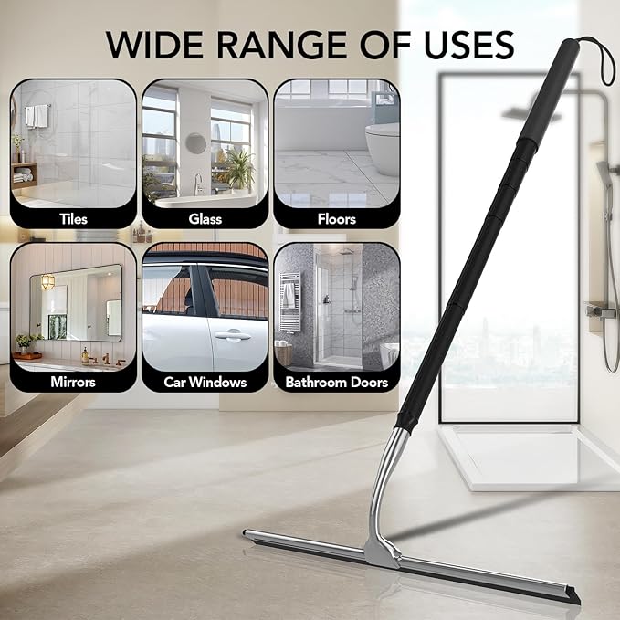 Shower Squeegee with Long Handle 15-51 Telescopic Squeegee for Window Cleaning Window Squeegee for Glass Doors Extendable Window Cleaner Tool for Tile Walls Sliding Door Floor Car Windshield