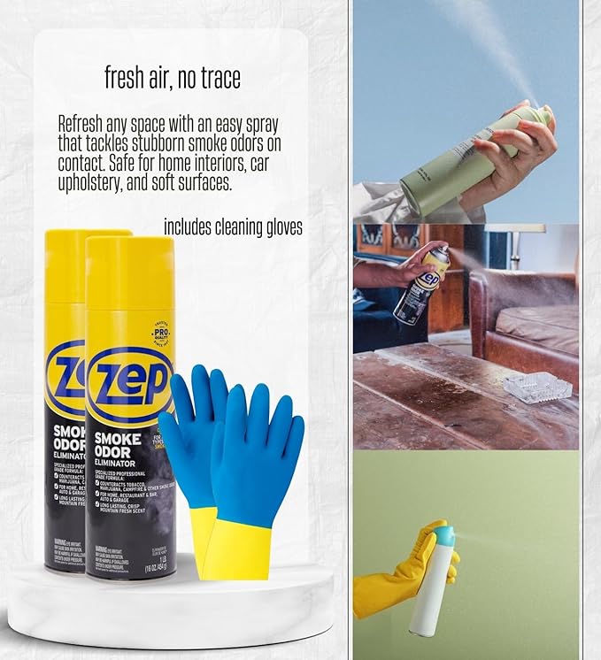 2x Zep Fresh Clean Scent Smoke Odor Eliminator 16 oz Liquid Bundle with Cleaning Gloves – Neutralizes Smoke and Weed Smell in Home and Car – Gift Set (3 Items)