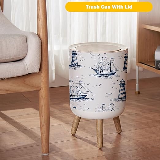 Small Trash Can with Lid Vintage Hand Drawn Nautical Toile De Jouy Seamless Lighthouse Wood Legs Press Cover Garbage Bin Round Waste Bin Wastebasket Kitchen Bathroom Office