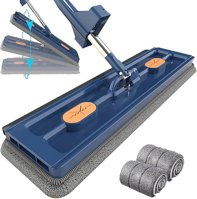 Large Flat Mop2023 Premium Flat Mop Self Wringing with Wringer 360 Rotating with Dewatering Scraper 12027(Blue+2 Mop Pads)