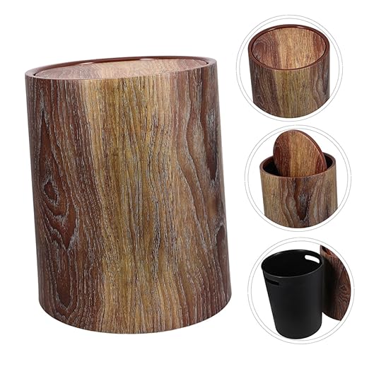 VOSAREA Wastebasket Swing Lid Imitation Wood Grain Plastic Home Office Bedroom Trash Bin Easy to Clean Modern