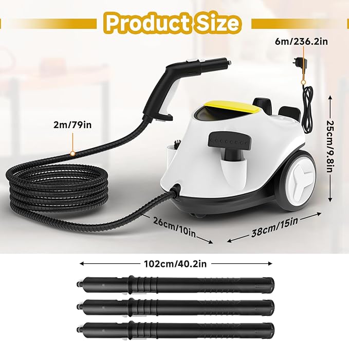 Steam CleanerMultipurpose Neat Canister Steamer with 27 Accessories 5 Mins Heating with 1.5L TankRolling Cleaning Machine for Carpet FloorsWindowsMirrorsGlass and Cars (White3)