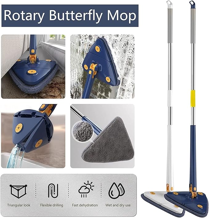 360°Rotating Adjustable Cleaning Mop Triangle Cleaning Mop with Automatic Water Squeezing Telescopic Rotating for Walls Windows (A) 1PCS 12027(P)