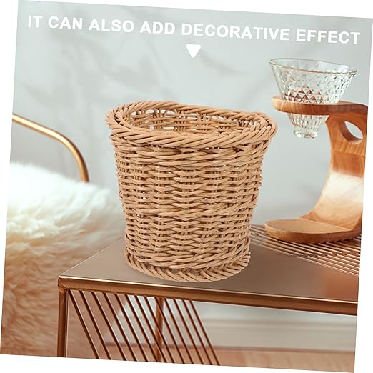 Happyyami Woven Trash Can for Bathroom Round Rattan Waste Basket Ample Storage Stylish Home Office Container Versatile Sundries Bin for Kitchen and Laundry