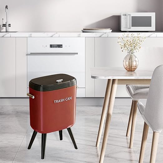 Garbage Can with Legs Dustbin High Foot 15L Large Capacity Household No Bending Wastebasket for Office Bedroom Kitchen Toilet Red