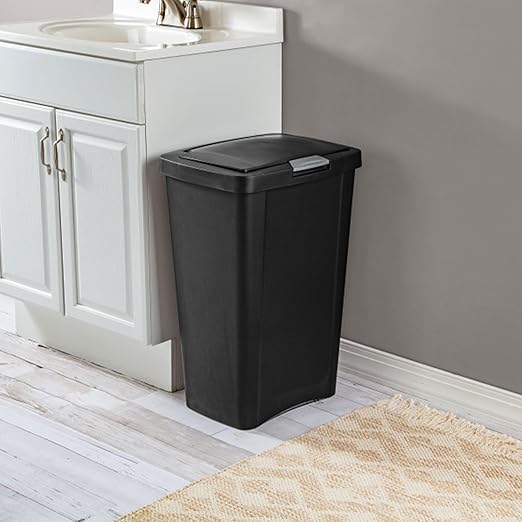 Sterilite 13 Gallon TouchTop Narrow Plastic Wastebasket with Secure Titanium Latch for Kitchen Bathroom and Office Use Black (8 Pack)