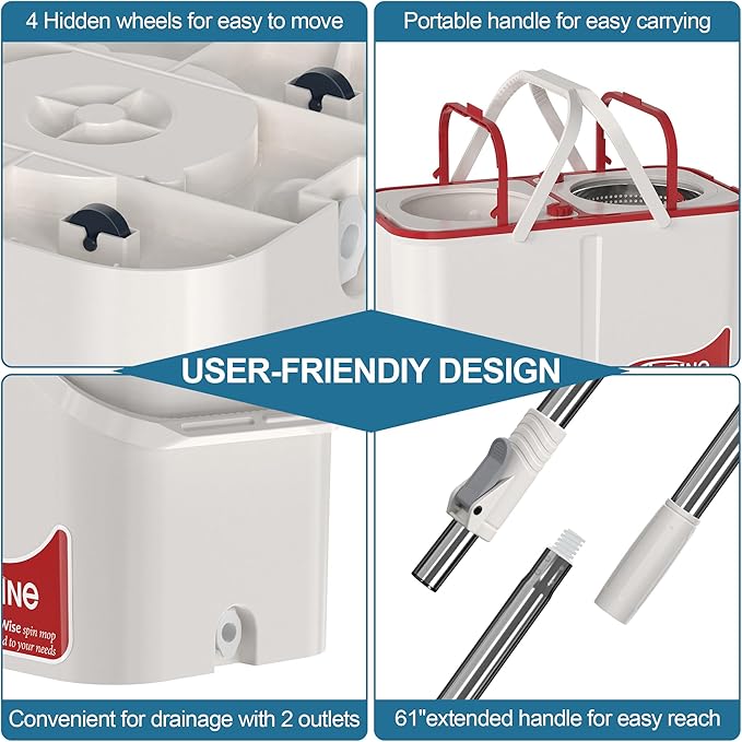 Gen 1 Large-Capacity Spin Mop and Bucket – for Big Homes &amp Deep Cleaning Days4-Chamber System Separates Dirty &amp Clean Water 2-GAL Heavy-Duty Design with Wheels &amp 6 Refill Mop Heads - Whi