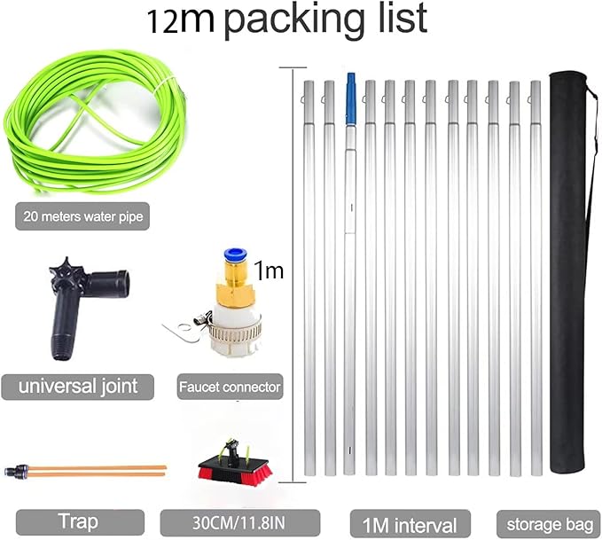 12m Window Cleaning Pole Kit - Water Fed Pole with 30cm Brush Head for Efficient Solar Panel &amp Window Cleaning Perfect for Home &amp Professional Use