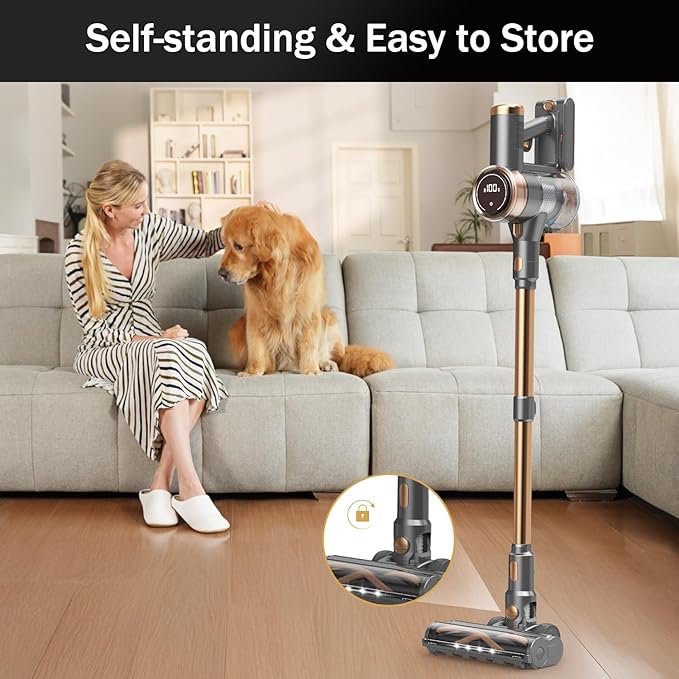 Cordless Vacuum Cleaner 10-in-1 Lightweight Stick Vacuum with 45mins Runtime Powerful Suction LED Touch Screen Rechargeable Vacuum Cleaners for Home Hardwood Floor Carpet Pet Hair (Gold)