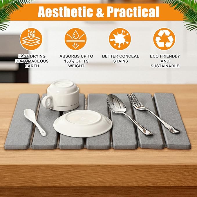 Sawysine 2 Pcs Stone Dish Drying Mats for Kitchen Counter 16x12 Collapsible Diatomaceous Earth Mats Absorbent Quick Drying Bath Kitchen Pad for Dishes Cups Bottles Fits Any Countertop(Light Gray)