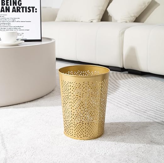 Small Gold Metal Trash Can Wastebasket Decorative Hollow-Out Garbage Can Waste Paper Bin Modern Farmhouse Round Trash Bin for Bathroom Bedroom Kitchen and Office (Floral)