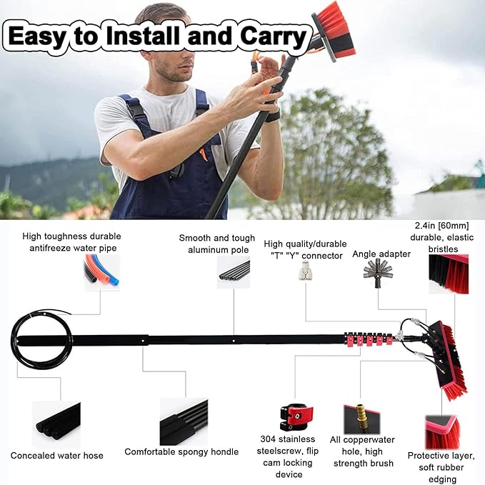Water Fed Pole Kit 20-39ft Length Water Fed Brush Cleaning 3-in-1 Aluminum Outdoor Window Cleaner Hose Cleaning Tool for Window Glass Extendable Cleaner Conservatory55cmbrush-30FT/9M