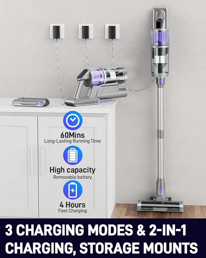 Cordless Vacuum Cleaner Vacuum Cleaners for Home 45KPA 550W Stick Handheld Portable 60 Mins Runtime Rechargeable Battery Pet Hair Hardwood Floor Vac Household Lightweight Hand Vac V10 Purple