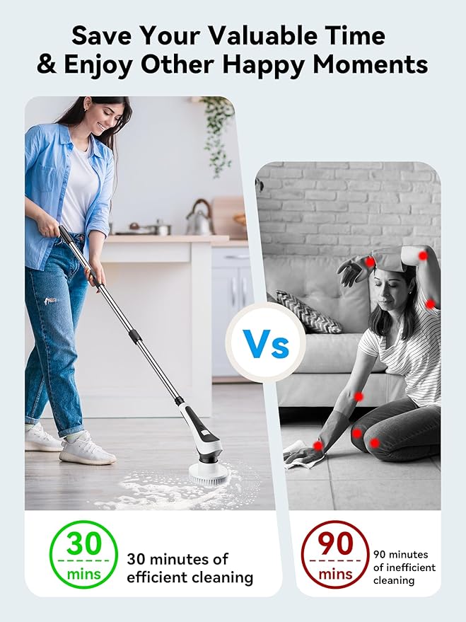 Electric Spin ScrubberCordless Cleaning Brush with Power Display ScreenIP68 Waterproof Shower Cleaning Brush with 8 Replaceable Brush HeadsAdjustable &amp Detachable Handle and 2 Adjustable Speeds