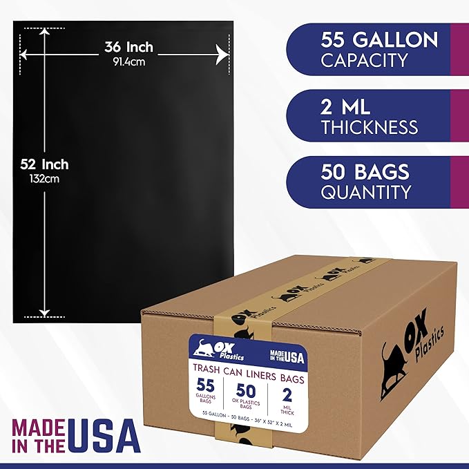 55 Gallon Trash Can Liners Bags - (50 Count) Capacity &amp 2mil Thick Extra Heavy Duty Strength - Large Garbage Leak-Proof &amp Durable House &amp Commercial Use Bags Black