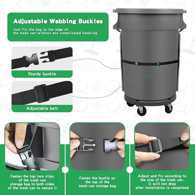 Trash Can Caddy Organizer with 10 Pockets - Cleaning Supply Holder for 32-55 Gallon Round Garbage Bins | Adjustable Strap Storage Bag for Sponges Gloves Spray Bottles Cleaning Tools