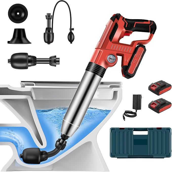 Electric Toilet Plunger with 2 batteriesDrain Clog Remover ToolsHigh Pressure Air Toilet Plungers Heavy Duty Plunger For ToiletBathroomFloor DrainSewerPipeRED