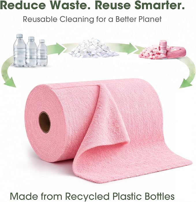 Microfiber Cleaning Cloth Roll - 100 Pack Tear Away Microfiber Paper Towels Reusable Washable Scratch-Free Kitchen Towels for Car Home Kitchen Glass Dishes(Pink)