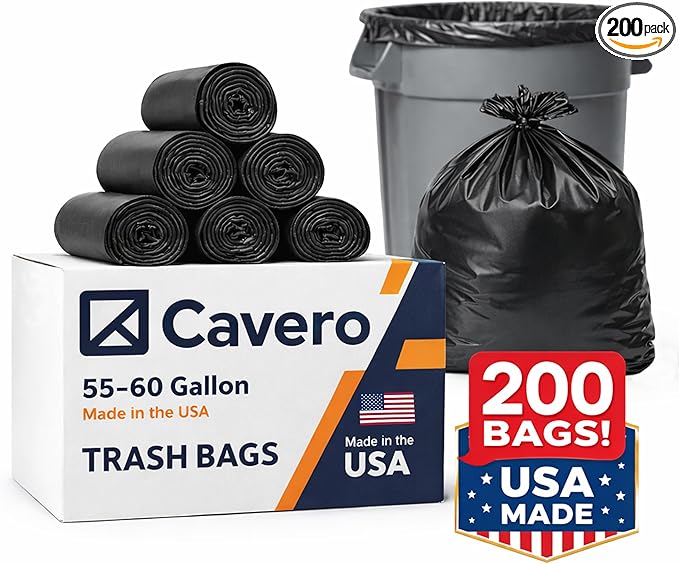 Cavero 55-60 Gallon Heavy Duty 200 Count Trash Bags | American Made Black Can Liners 17 Micron Large Tough Garbage Bags (38 x 58) Value Size Multi-Purpose for Home Office Commercial Industrial