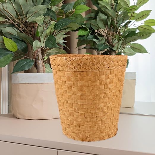 Wicker Trash Can - Woven Wicker Waste Basket Round Rattan Waste Paper Bin Office Garbage Can Rubbish Basket Laundry Hamper for Kitchen Home Office