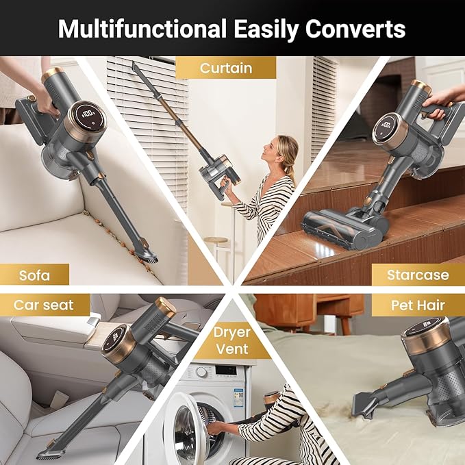 Cordless Vacuum Cleaner 10-in-1 Lightweight Stick Vacuum with 45mins Runtime Powerful Suction LED Touch Screen Rechargeable Vacuum Cleaners for Home Hardwood Floor Carpet Pet Hair (Gold)