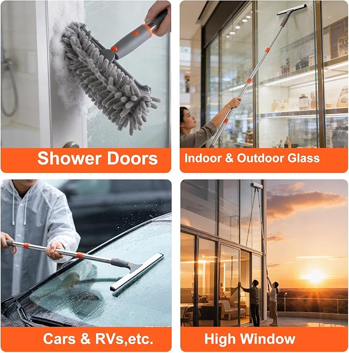 BITOPE Window Cleaner Tool Squeegee for Window Cleaning with 86 Extendable Pole Microfiber &amp Chenille Pad Squeegy for Exterior High Window Shower Door Glass Car RVs