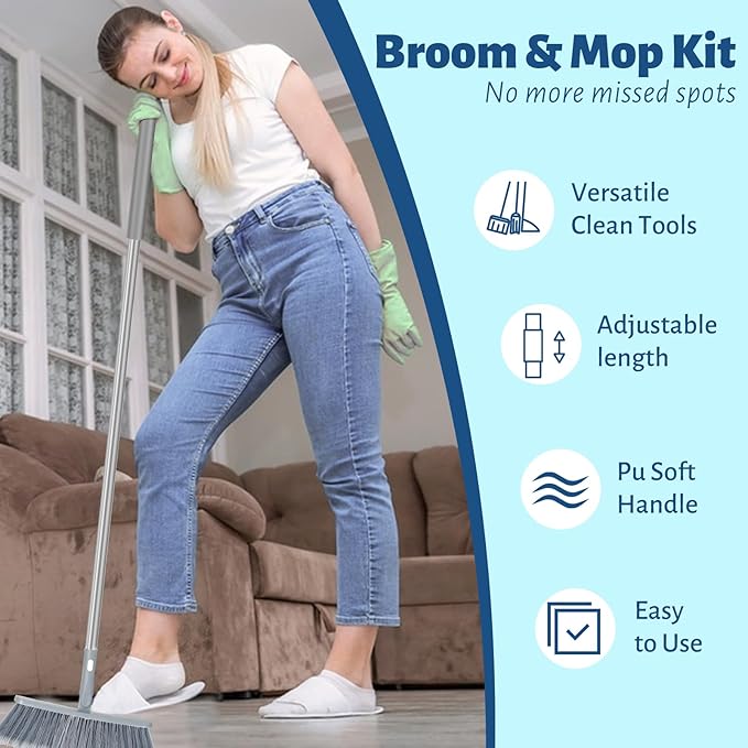 3-in-1 Detachable Broom and Mop Set Combo for House Cleaning Collapsible Broom and Mop for RV Camping Home Dorm Extension Pole Window Squeegee Grey