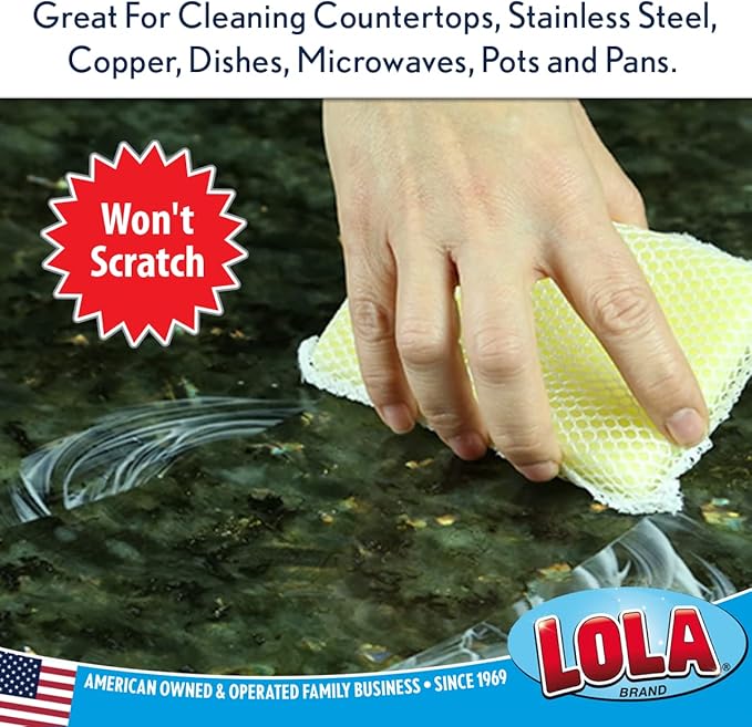 LOLA Nylon Netting Sponge Cleaning Scrubber Pad 12 Pack Non Scratch Safe on Non-Stick Surfaces Coated Cookware &amp Dishes - Gentle Effective Cleaning