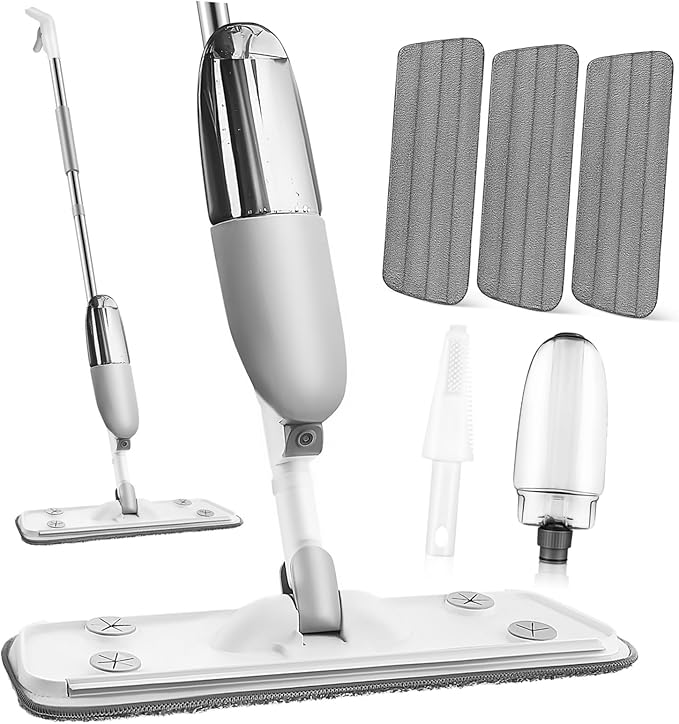 Mop with Refillable Water Tank Flat Rotatable Design for Wet Dry Cleaning Includes Replacement Pads for Effortless