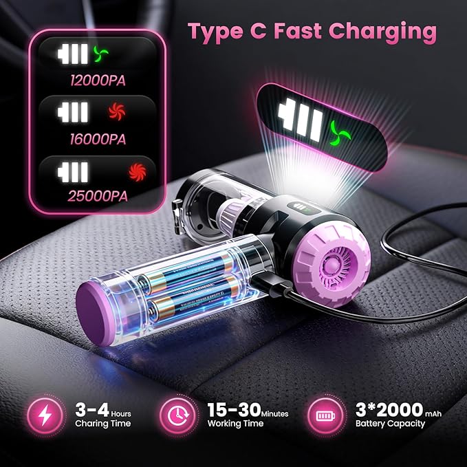 Wansimoo Handheld Car Vacuum Cleaner25000PA Strong Cyclonic Suction Foldable Mini Vacuum Portable Cordless with Digital Display and One Touch Dust Removal for Car Home Office Kitchen (Purple)