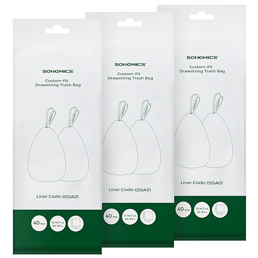 SONGMICS Trash Bags for 12-14.5 Gallon (45-55L) Trash Cans 120 Count Drawstring Kitchen Garbage Bags Pre-Separated Liner Code 055A01 3 RollsWhite UKRB055A03