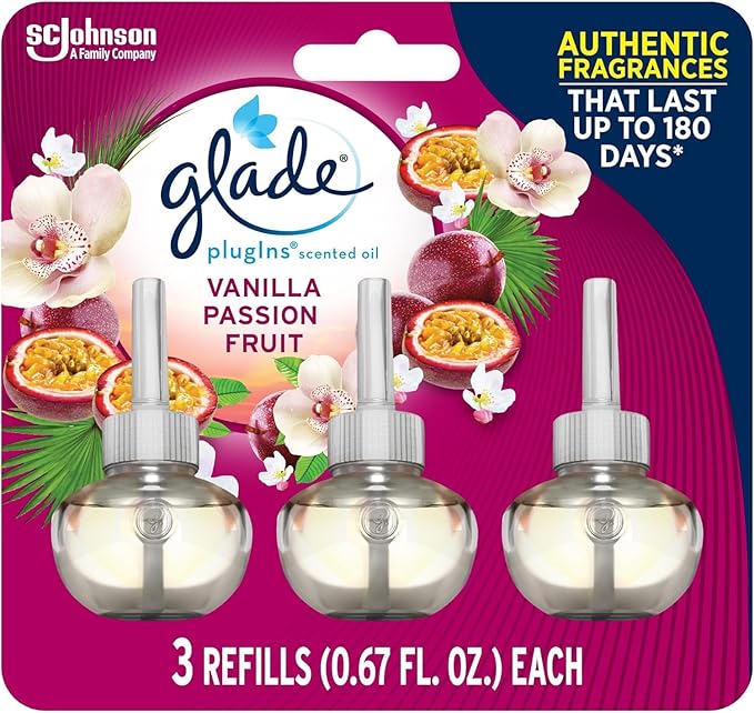 Glade PlugIns Refills Air Freshener Scented and Essential Oils for Home and Bathroom Vanilla Passion Fruit 2.01 Fl Oz 5 Pack