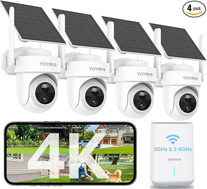 4K Security Cameras Wireless Outdoor No Subscription Works in -14°F Cold [2026 New] Solar-Powered Home Security Camera System with 360° Auto Tracking Color Night Vision 5G &amp 2.4G WiFi Easy Se