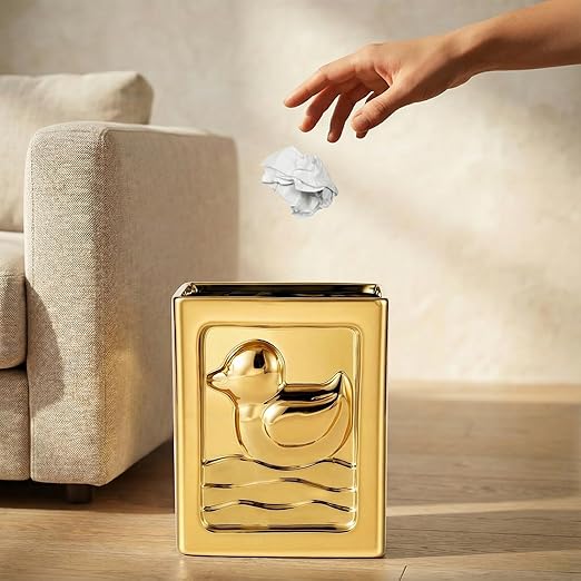 Gold Trash Can - 7L/1.85Gallon Ceramic Waste Basket Decorative Duck Small Garbage Can for Kitchen Bathroom Bedroom Office Multi-Purpose Storage Bin