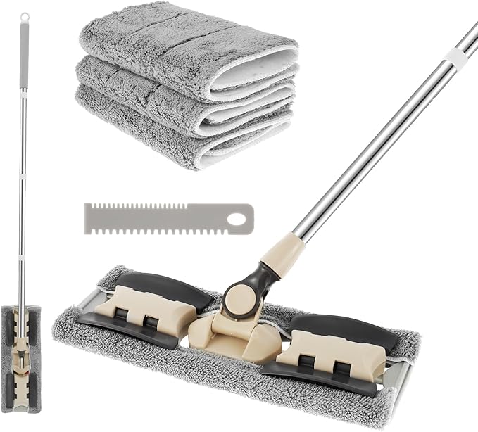 Microfiber Dust Mop with Adjustable Handle360 ° Rotating Floor Cleaning Mop with 3 Replacement Mop Pads Scraper 32inch Long Handle Flat Floor Mops Wet or Dry Microfiber Cleaning Mop for Floor