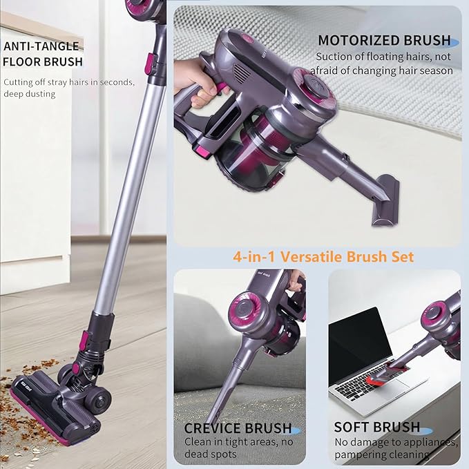 Novaspark Pink Cordless Stick Vacuum Cleaner - 18.5kPa Powerful Suction 50-Min Battery Pet Hair Removal Lightweight 5.5lbs LED Lights HEPA Filter 4-in-1 Brush Set for Carpet &amp Hard Floors